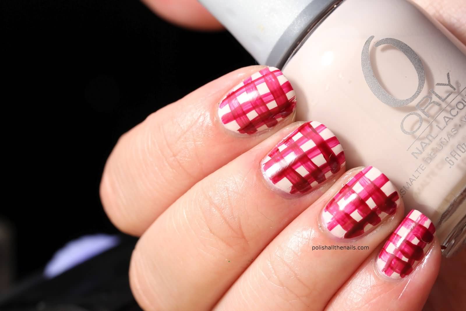 Red And White Gingham Nail Art Design