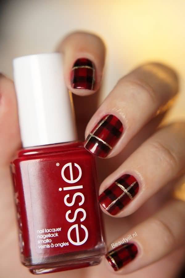 Red, Black And Gold Plaid Design Nail Art