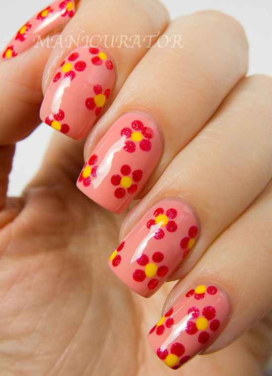 Red Dots Spring Flower Nail Art