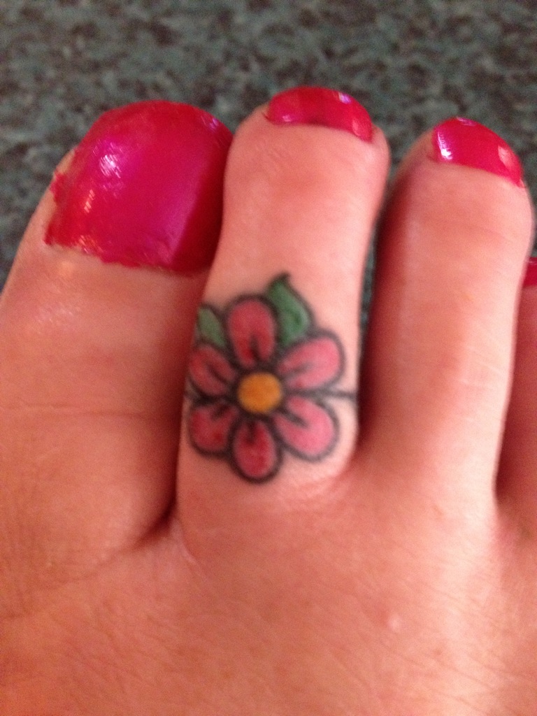 Red Flower Traditional Toe Tattoo