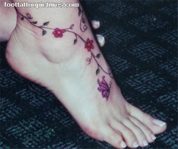 Red Flower Vine Tattoo On Foot