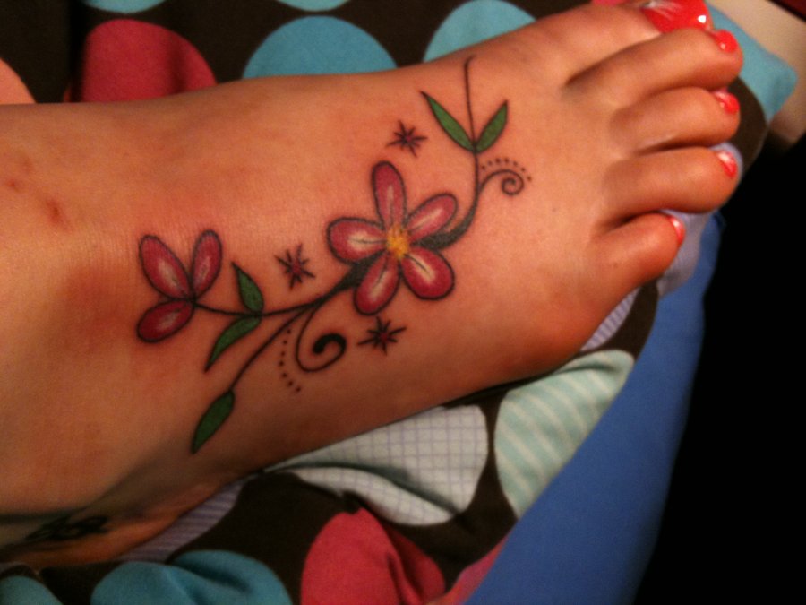 Red Flowers Foot Tattoo