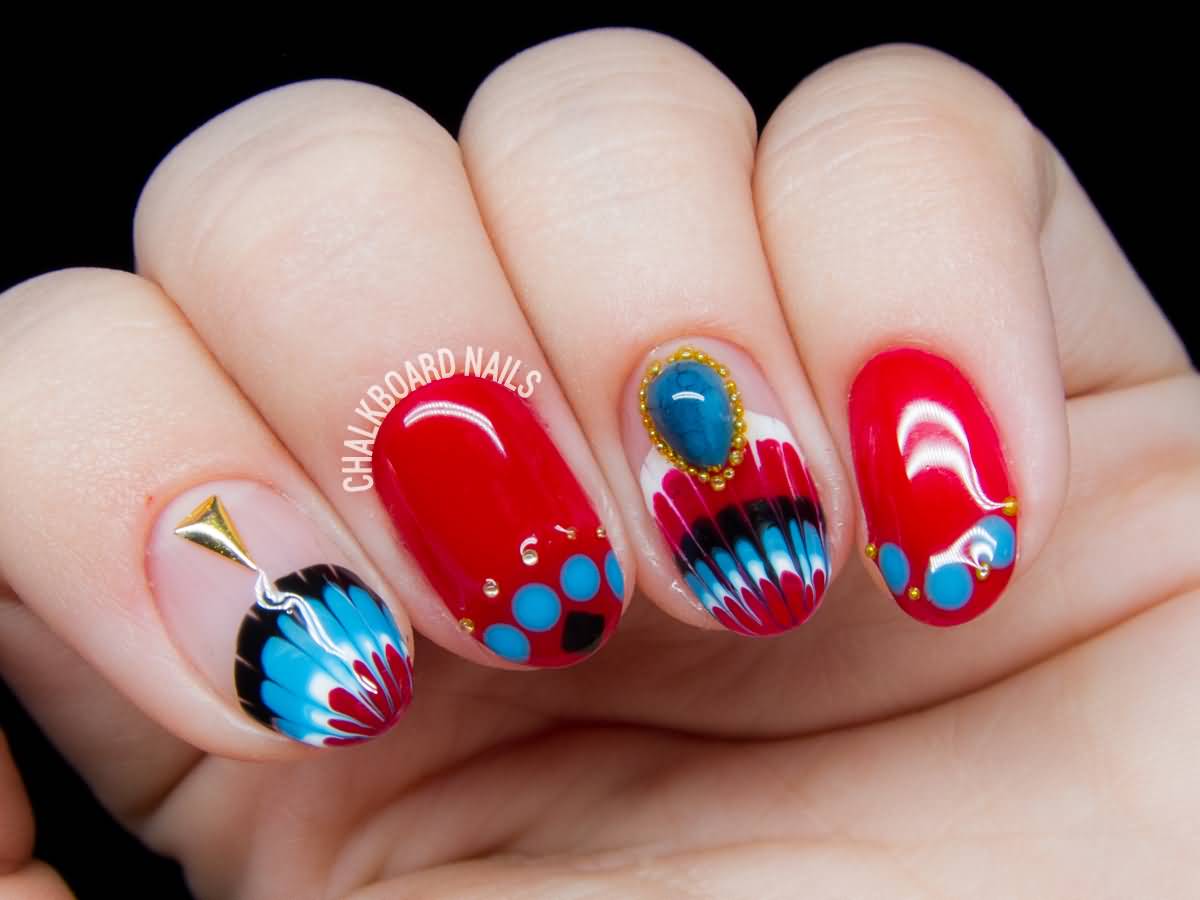 Red Gel And Turkey Feather Nail Art