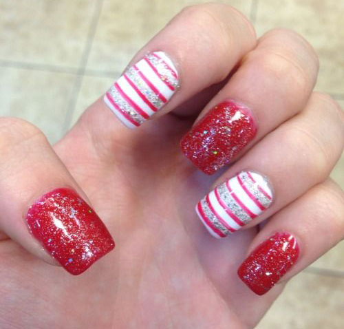 Red Glitter Gel Nail Art With Stripes Design