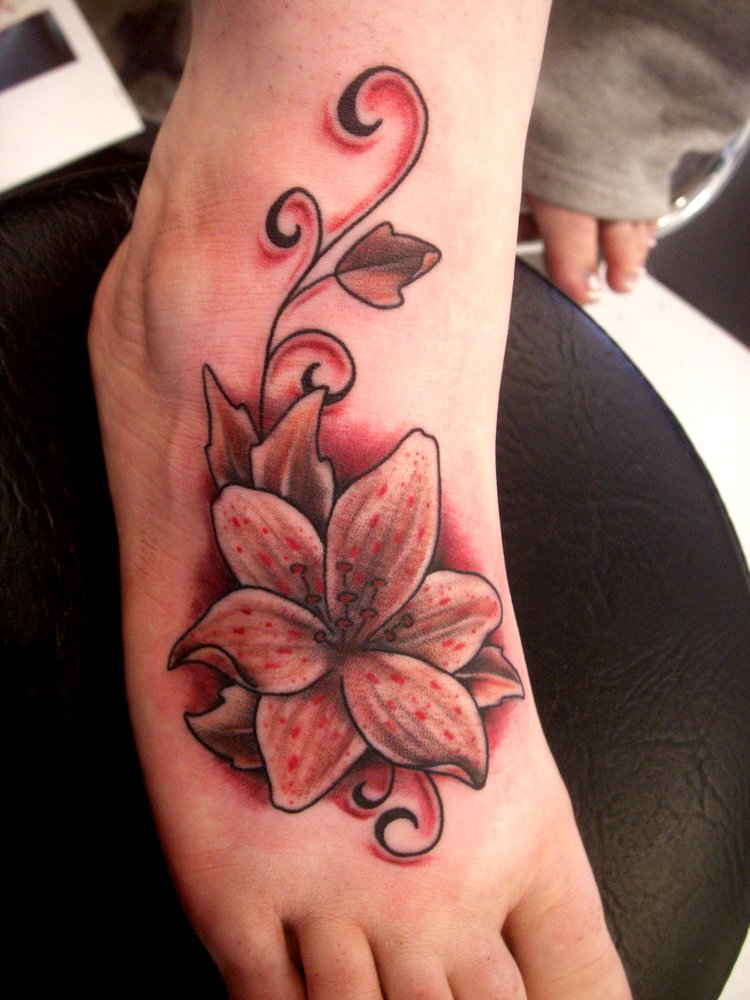 Red Lily Flower Tattoo On Foot