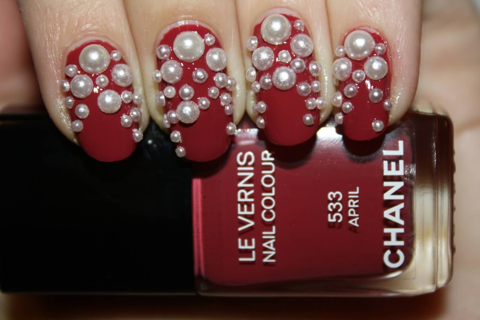 Red Nails With Pearls Design Nail Art