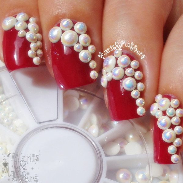 Red Nails With Pearls Nail Art Design