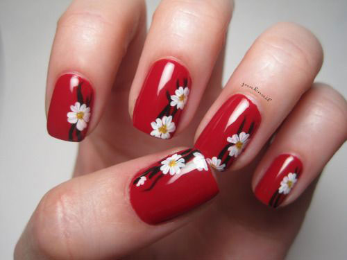 Red Nails With White Spring Flowers Nail Art