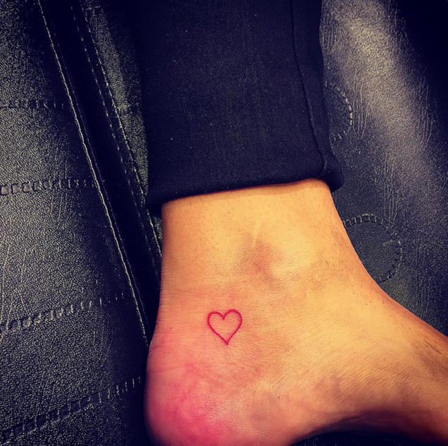 Red Outline Ankle Heart Tattoo