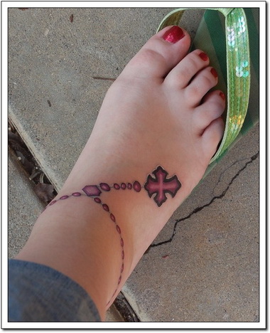 Red Rosary Bracelet Tattoo On Foot For Girls