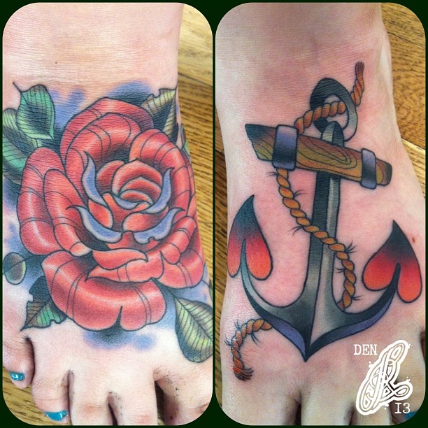 Red Rose And Anchor Traditional Tattoos On Feet