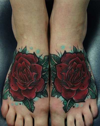 Red Rose Both Feet Tattoos