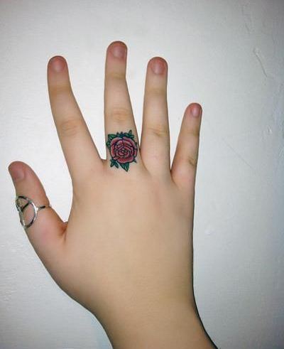 Red Rose Flower Tattoo On Middle Finger