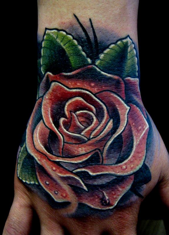 Red Rose Tattoo On Hand For Men