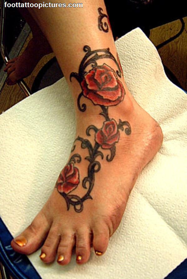 Red Rose Vine Tattoo On Foot For Girls