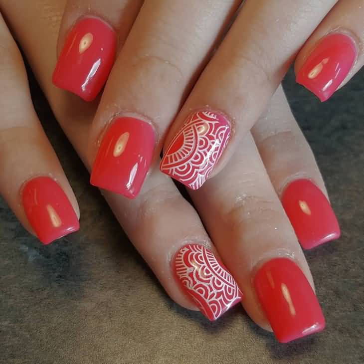 Red Square Nails Flower Stamping Spring Nail Art