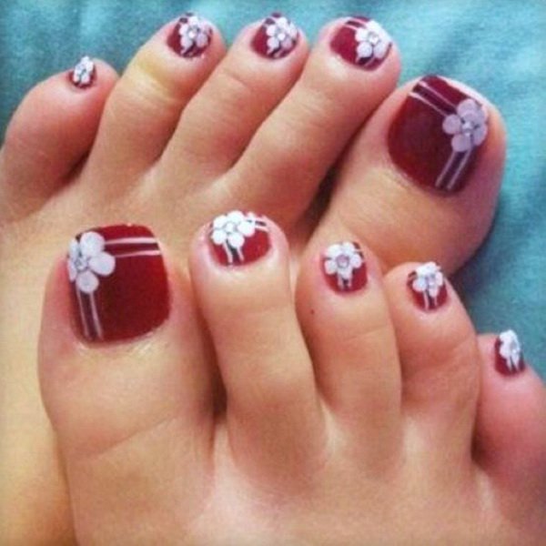 Red Toe Nails And White Spring Flower Nail Art