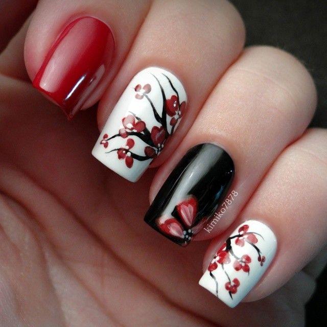 Red White And Black Spring Flowers Nail Art