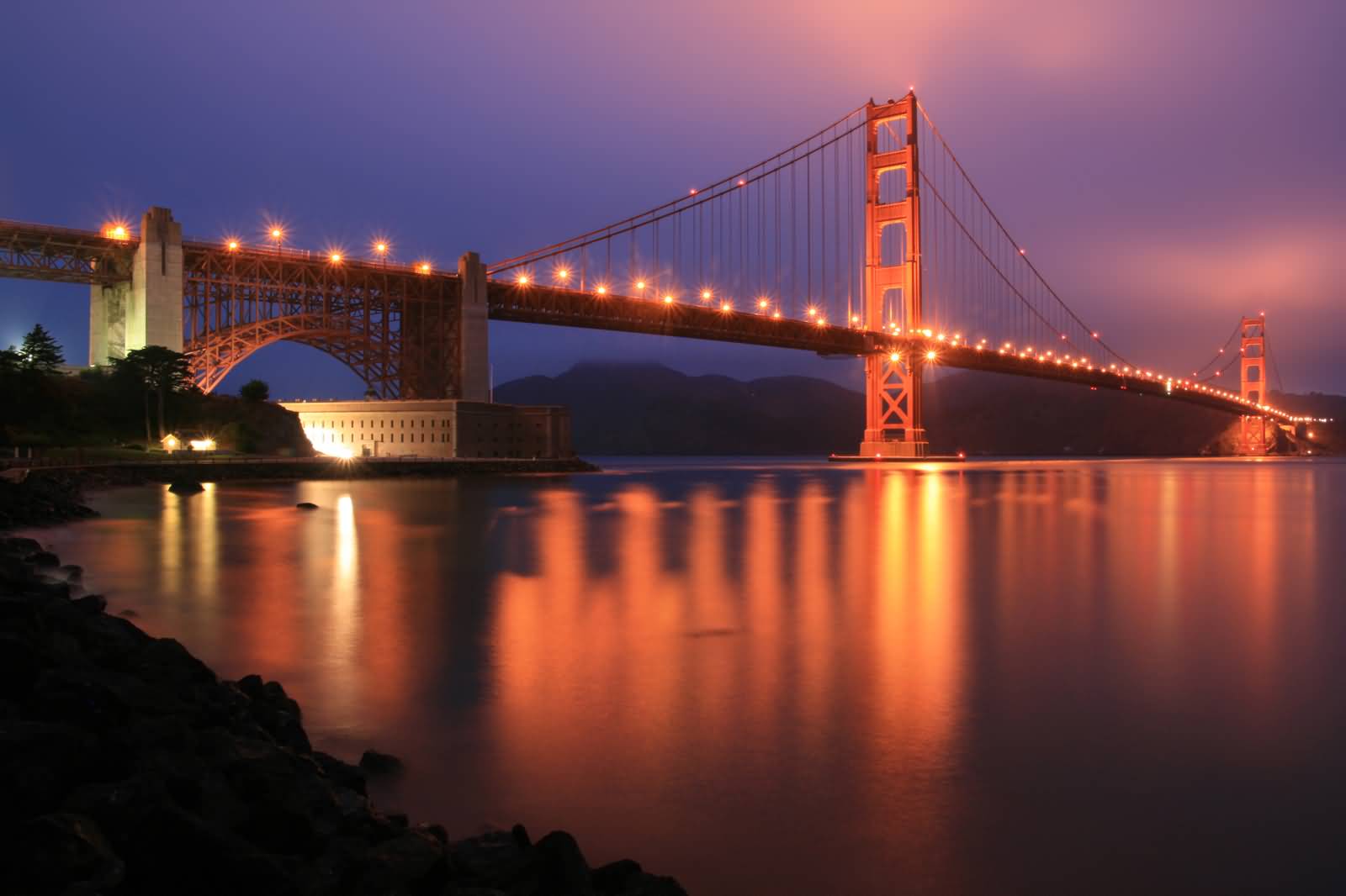 Reflection Of Golden Gate Bridge Lights At Night