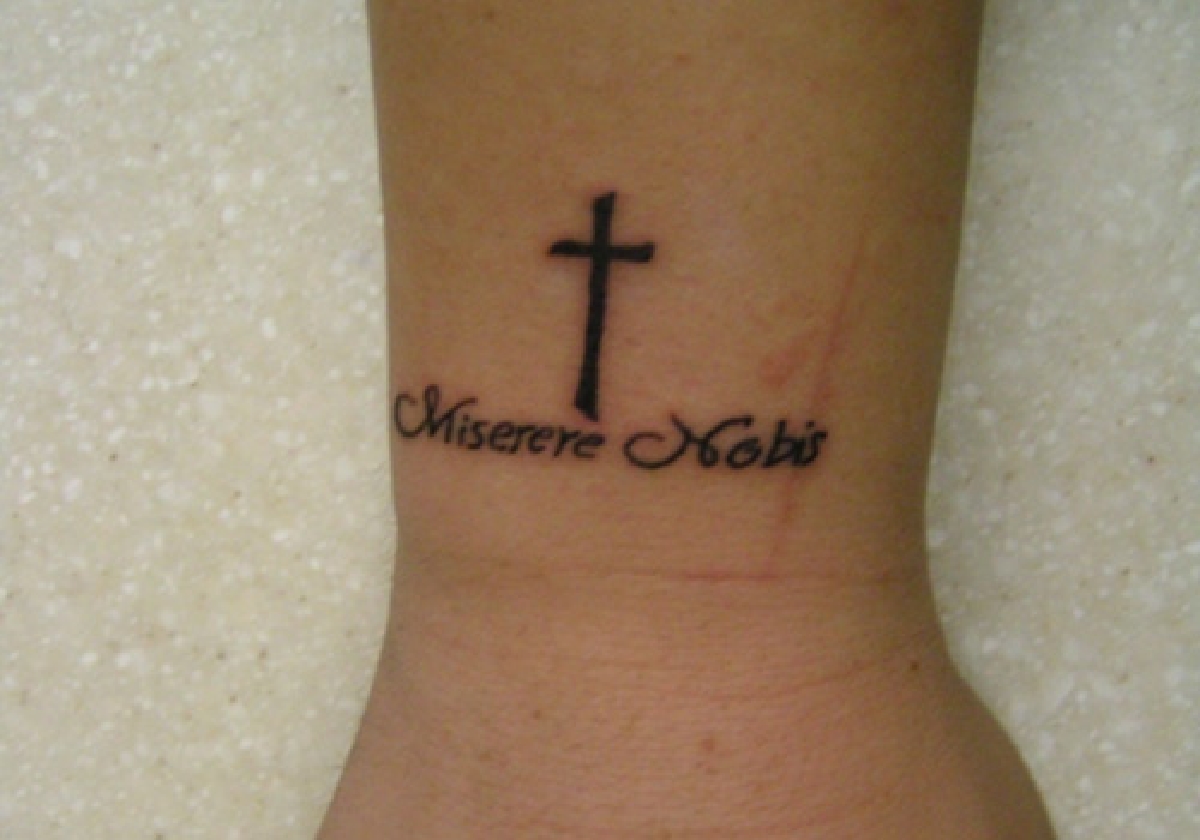 Religious Cross Wording Tattoo On Wrist For Men