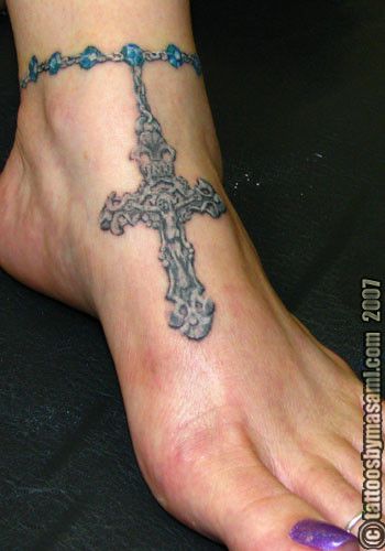 Religious Rosary Tattoo On Foot For Women