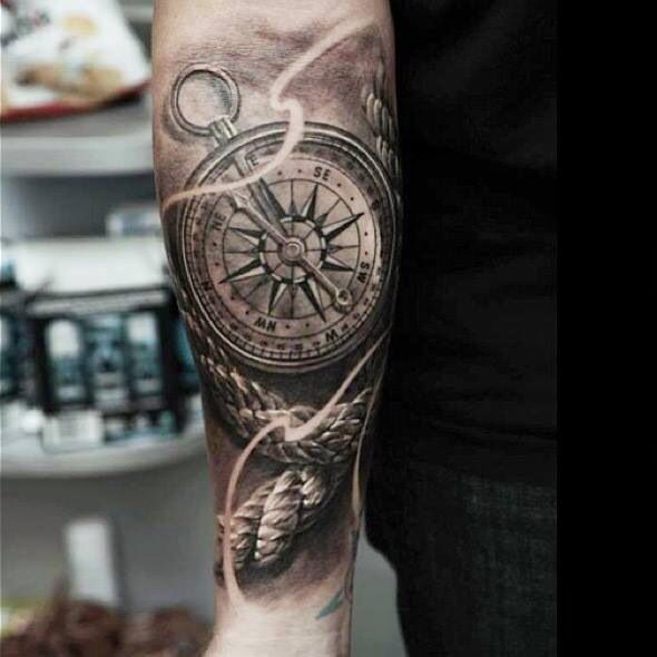 Realistic Compass And Rope Tattoo On Arm Sleeve
