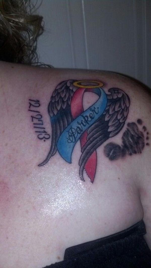 Ribbon With Angel Wings Memorial Tattoo