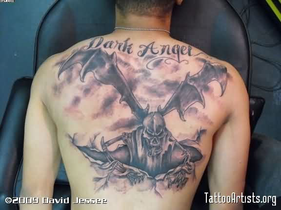 Ripped Skin Dark Evil Angel Tattoo On Back