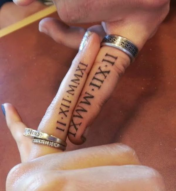 Roman Numeral Finger Couple Tattoos