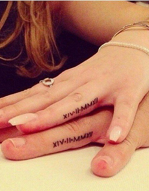 Roman Numerals Matching Couple Tattoos On Inner Finger