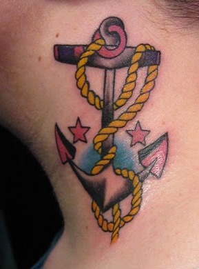 Rope And Anchor Tattoo On Side Neck