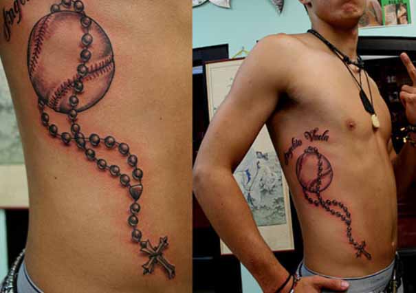 Rosary Baseball Side Rib Tattoo For Men