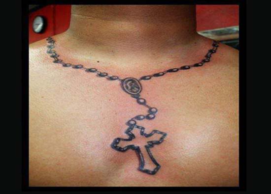 Rosary Beads Around Neck Tattoo For Men