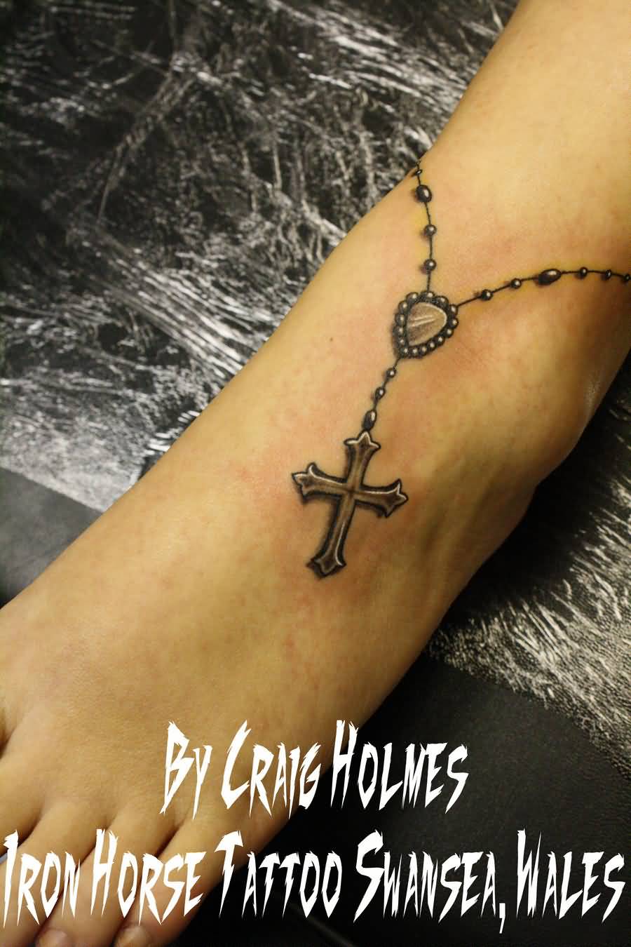 Rosary Beads With Cross Tattoo On Foot