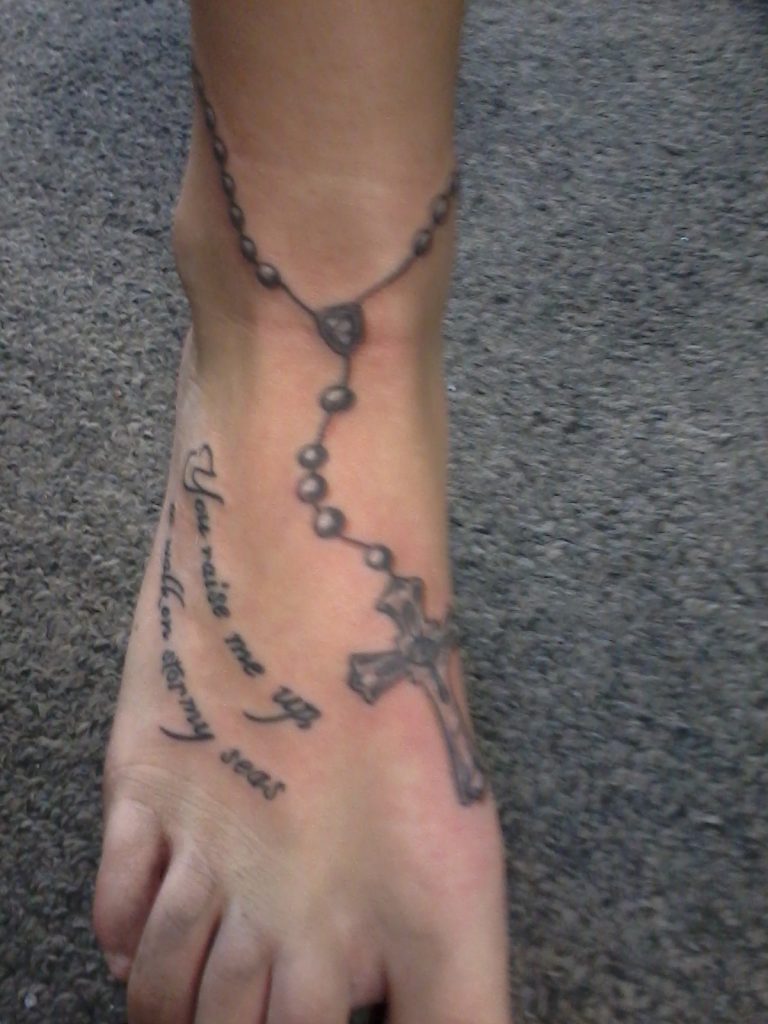 Rosary Bracelet With Wording Tattoo On Foot
