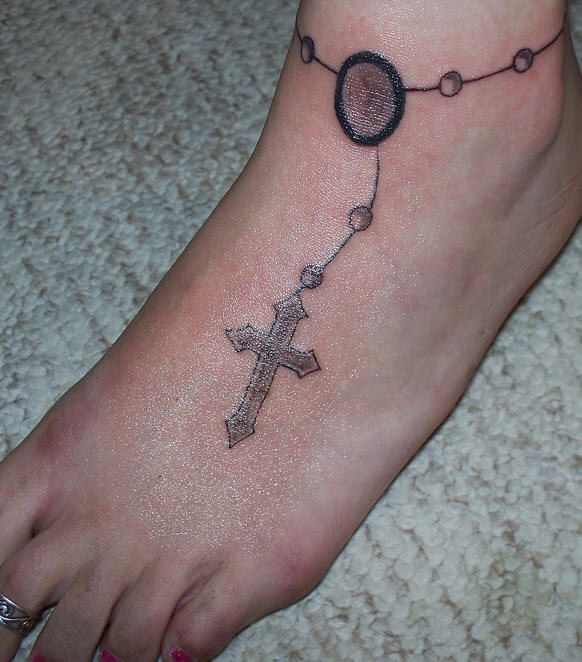 Rosary Cross Bracelet Tattoo On Ankle And Foot
