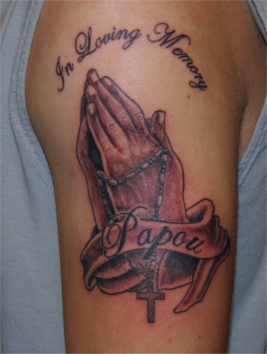 Rosary Hands Memorial Tattoo On Man Shoulder