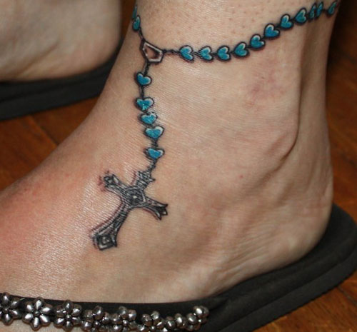 Rosary Hearts Bracelet Tattoo On Ankle And Foot