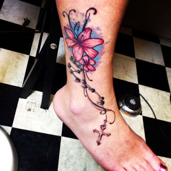 Rosary Lily Flowers Tattoo For Women