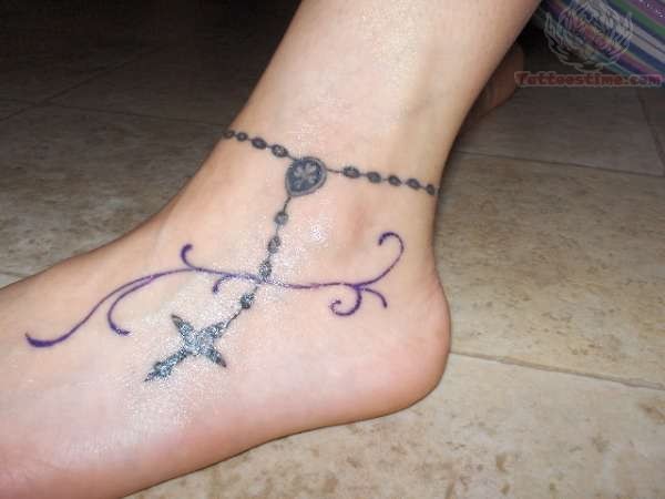 Rosary Purple Swirl Tattoo On Foot
