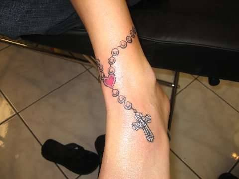 Rosary Red Heart Tattoo On Foot