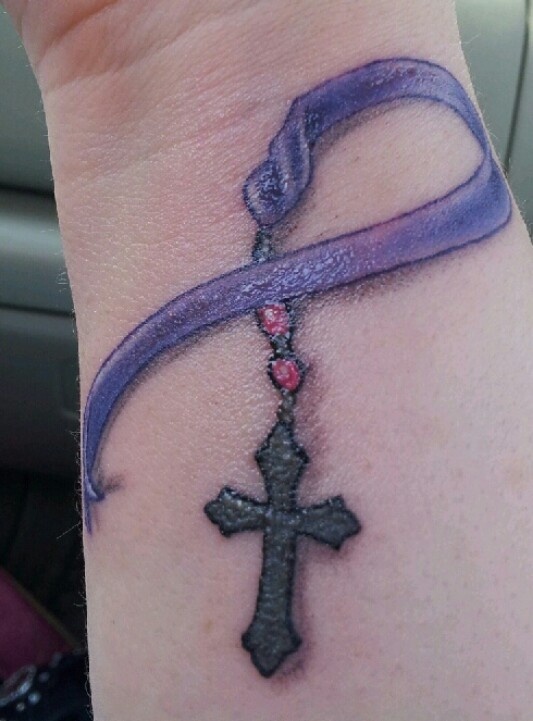 Rosary Ribbon Tattoo On Wrist