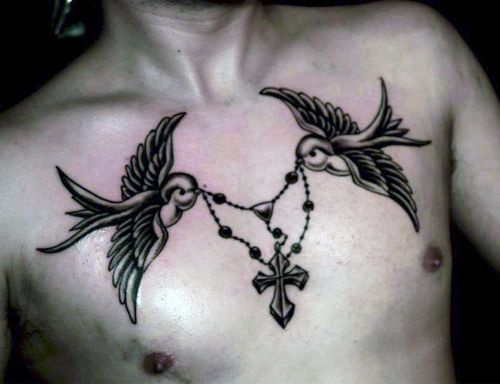 Rosary Swallows Tattoo On Chest For Men