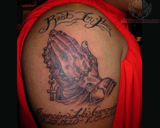 Rosary With Praying Hands Memorial Tattoo On Man Shoulder