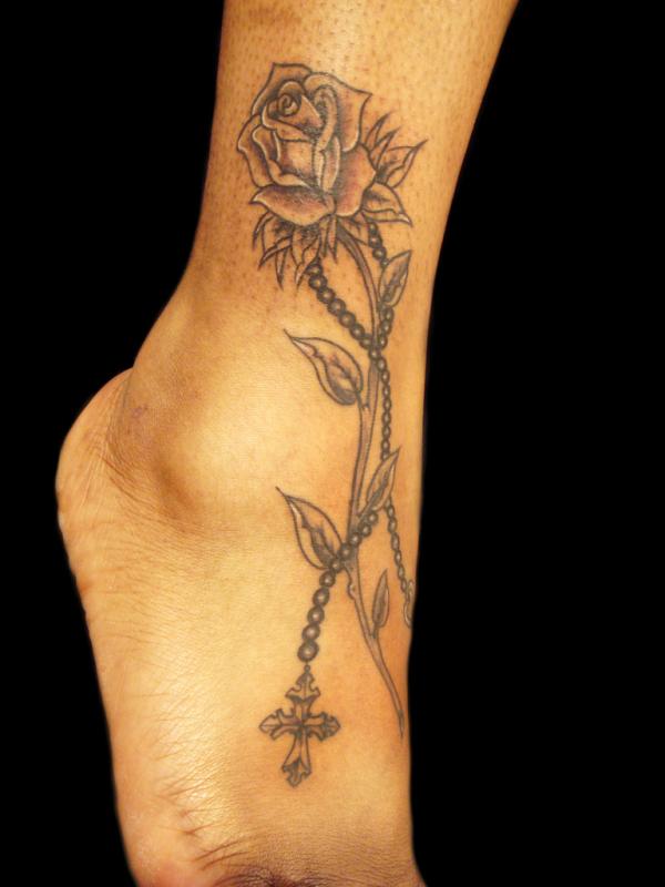 Rosary With Rose Foot And Ankle Tattoo