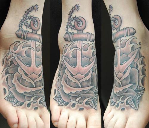 Rose Anchor Color Tattoo On Left Foot