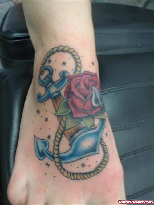 Rose And Anchor Stars Tattoo On Right Foot