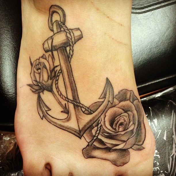 Rose Flowers And Anchor Tattoo On Foot