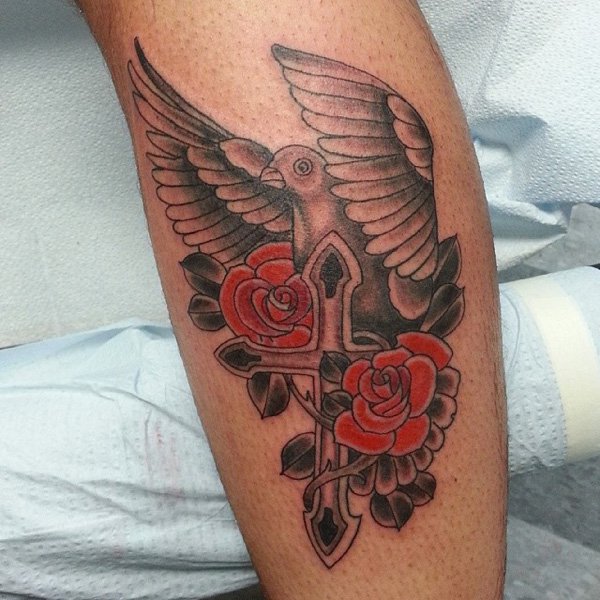 Rose Flowers And Cross With Flying Dove Tattoo