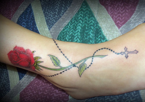 Rose Rosary Tattoo On Foot